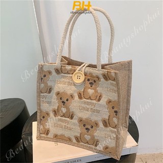 Túi Xách Vải Lanh Họa Tiết Gấu Hoạt Hình Dễ Thương