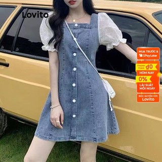 Đầm denim Lovito tay ngắn màu trơn phong cách thường ngày cho nữ LNA07101 (xanh dương)