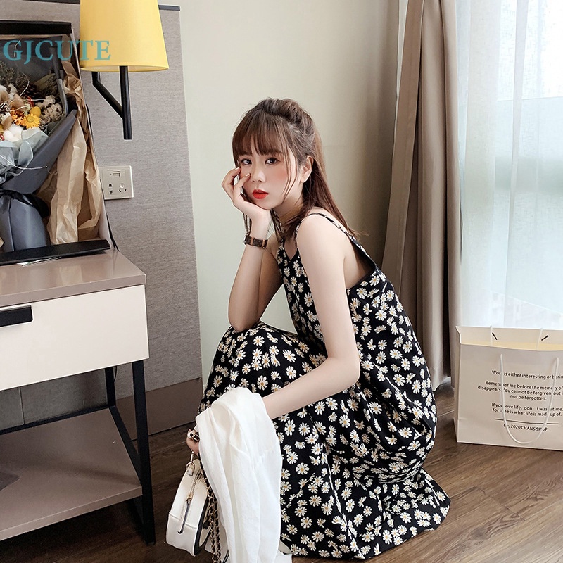 Gjcute Đầm Dài Đi Biển Mùa Hè In Họa Tiết Hoa Cúc Nhỏ Thanh Lịch Phong Cách boho Wd