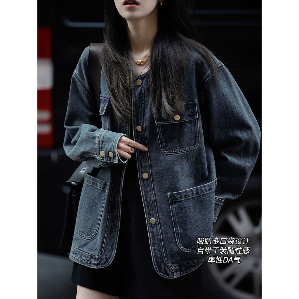 Áo Khoác denim Dài Tay Dáng Rộng Phong Cách retro Hàn Quốc