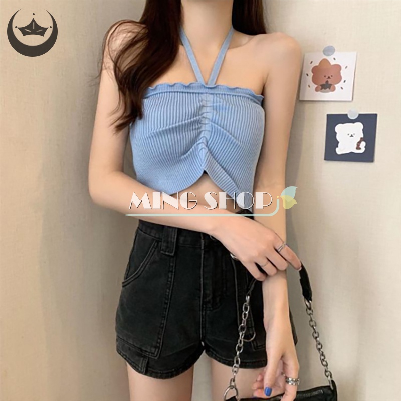 Áo Croptop Dệt Kim Hai Dây Thời Trang Mùa Hè Cho Nữ