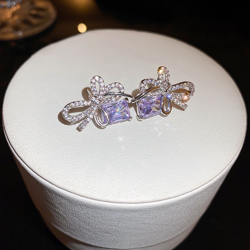 Khuyên Tai Bạc Đính Đá zircon Tím Sang Trọng Phong Cách Hàn Quốc