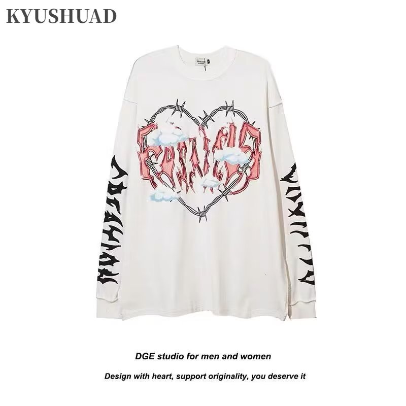 Kyushuad Áo Thun Nỉ Tay Dài Cổ Tròn Dáng Rộng In Hình Trái Tim Phong Cách harajuku Mỹ Cho Nam