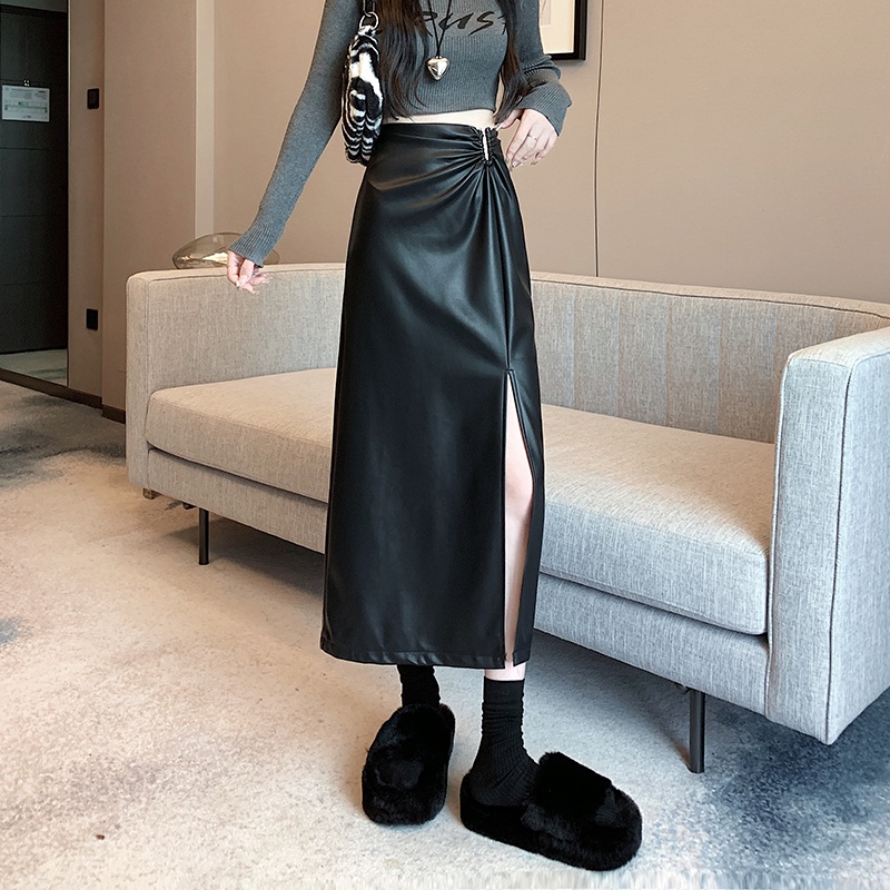 Liasynn Dụng Cụ Đóng Mắt Nằm Đóng ~ Công Cụ Cầm Tay Chân Dài!Chân Váy Da Dáng Chữ a Lưng Cao Xẻ Tà Thời Trang Thu Đông Cho Nữ