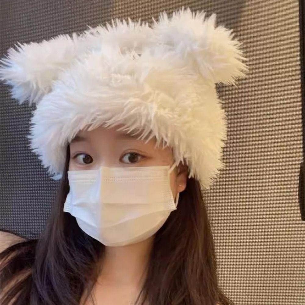 Mũ beanie Bằng Vải Nhung Lông Dày Dặn Màu Trơn Hình Đầu Lâu Mắt To Dễ Thương Phong Cách Nhật Bản