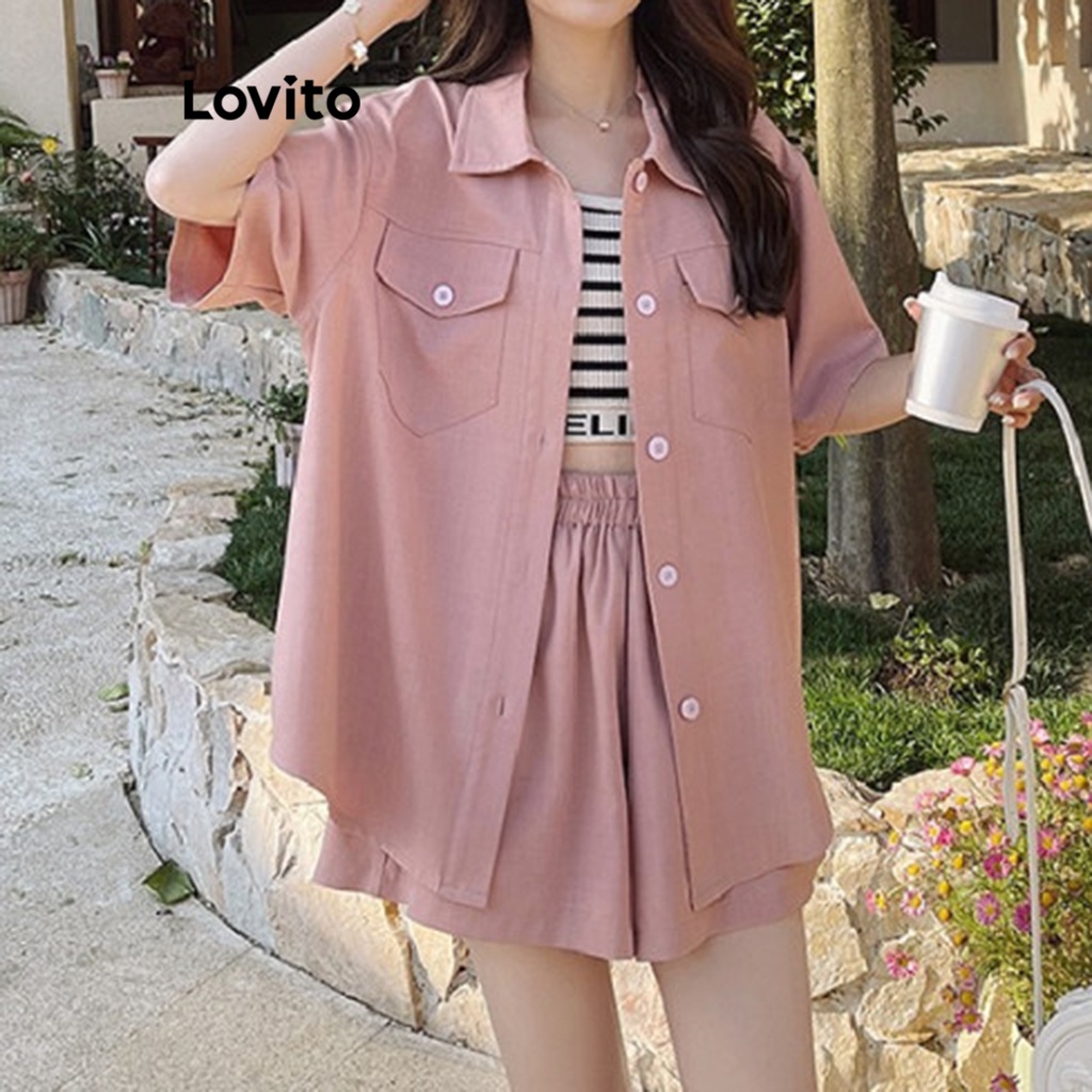 Set Lovito quần short có túi cài nút màu trơn thường ngày cho nữ LNA19040 (màu hồng)