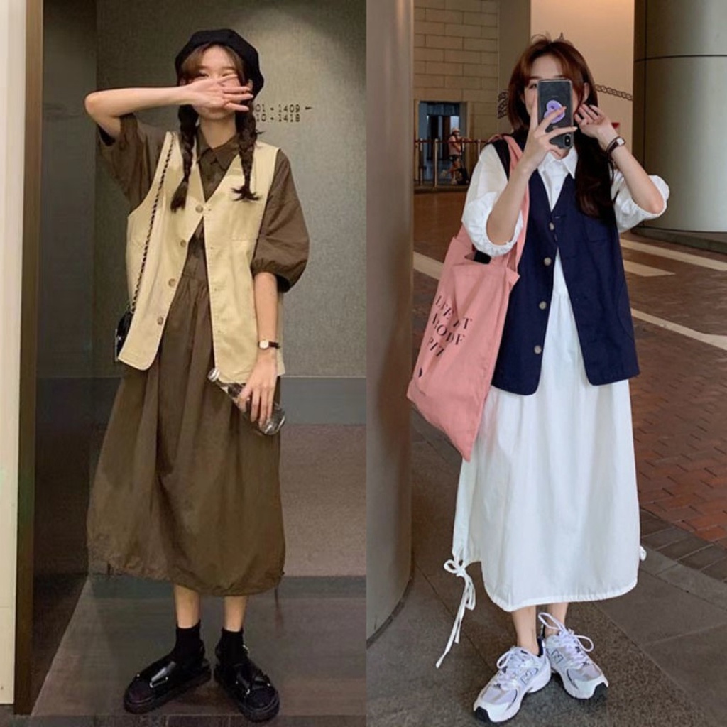 Set Đầm Dài Tay Lưng Cao + Áo Khoác Ghi Lê Thời Trang Nữ