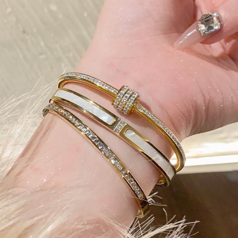 Vòng Tay Thép Titan Mạ Vàng Đính Đá zircon Đơn Giản Chất Lượng Cao Cho Cặp Đôi
