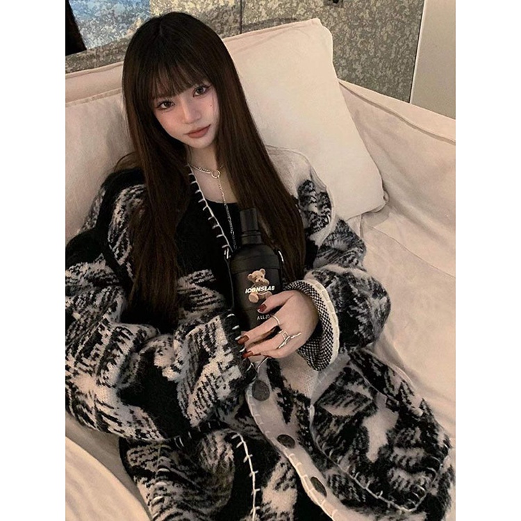 Áo Khoác cardigan jacquard Vải jacquard Áo Dệt Kim Dáng Rộng Thời Trang Cho Nữ