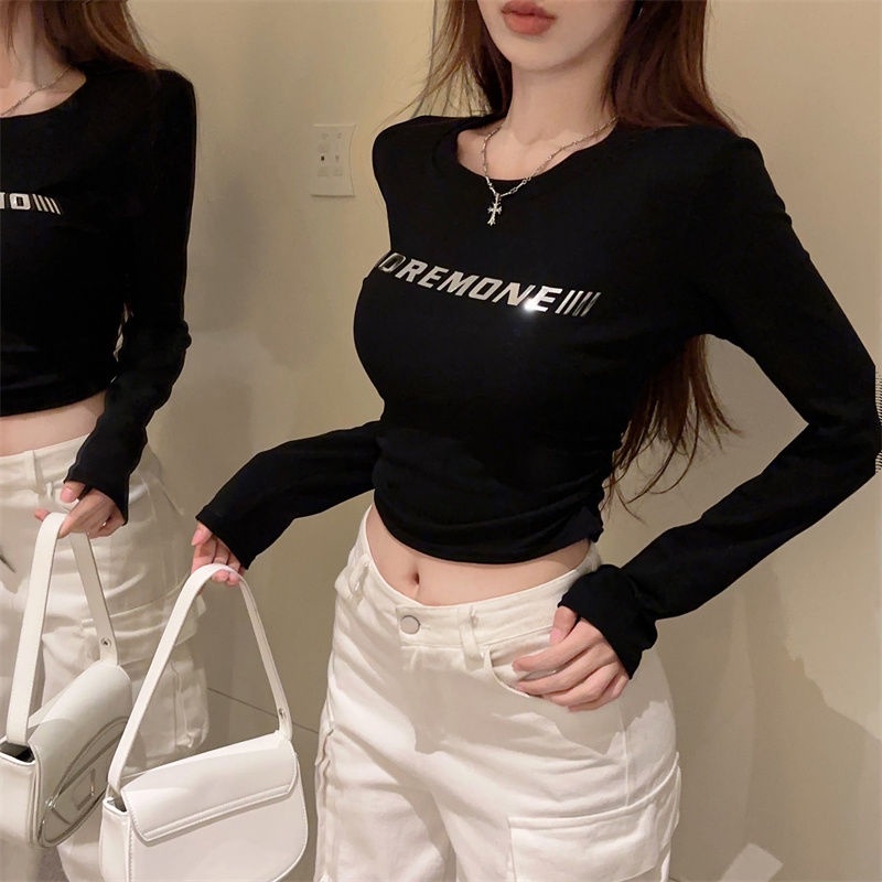Áo Thun cotton Tay Dài Màu Đen Phong Cách retro Mỹ Cho Nữ