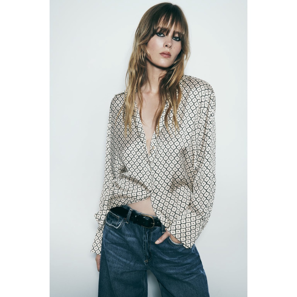 Zara Áo Sơ Mi Lụa satin In Họa Tiết Hình Học Cá Tính Thời Trang 8741246
