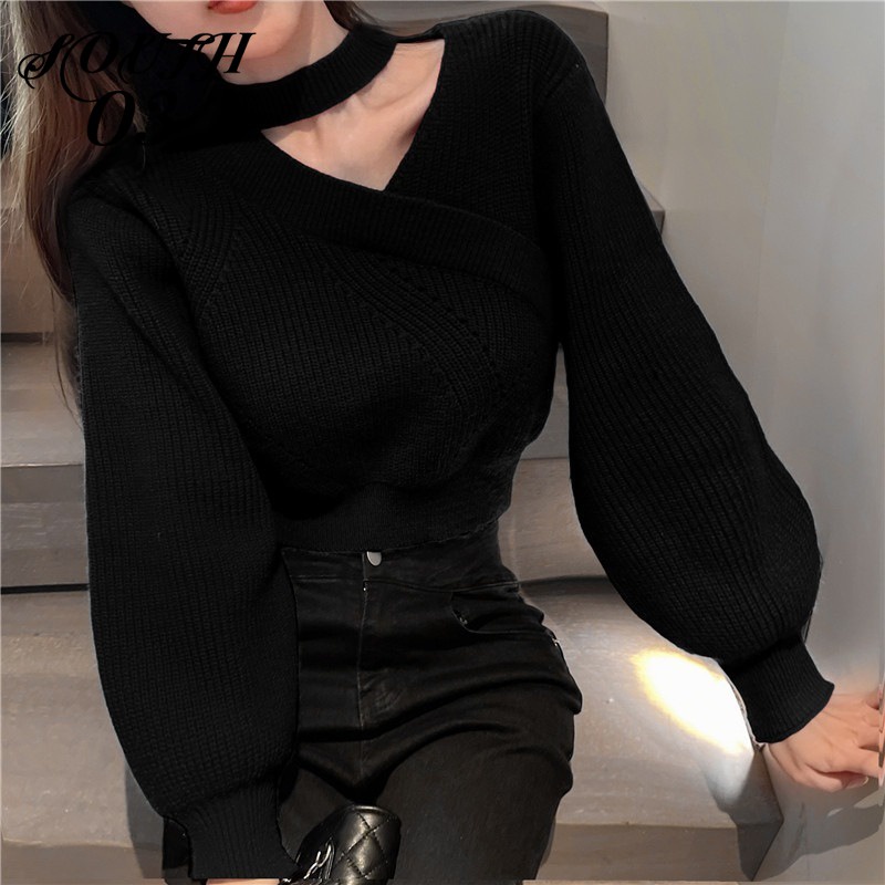 Áo sweater Cổ Treo Dáng Ngắn Thời Trang Thu Đông Cho Nữ Áo Croptop Áo Len