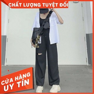 Quần ống rộng nữ cạp chun lai tưa chất da cá