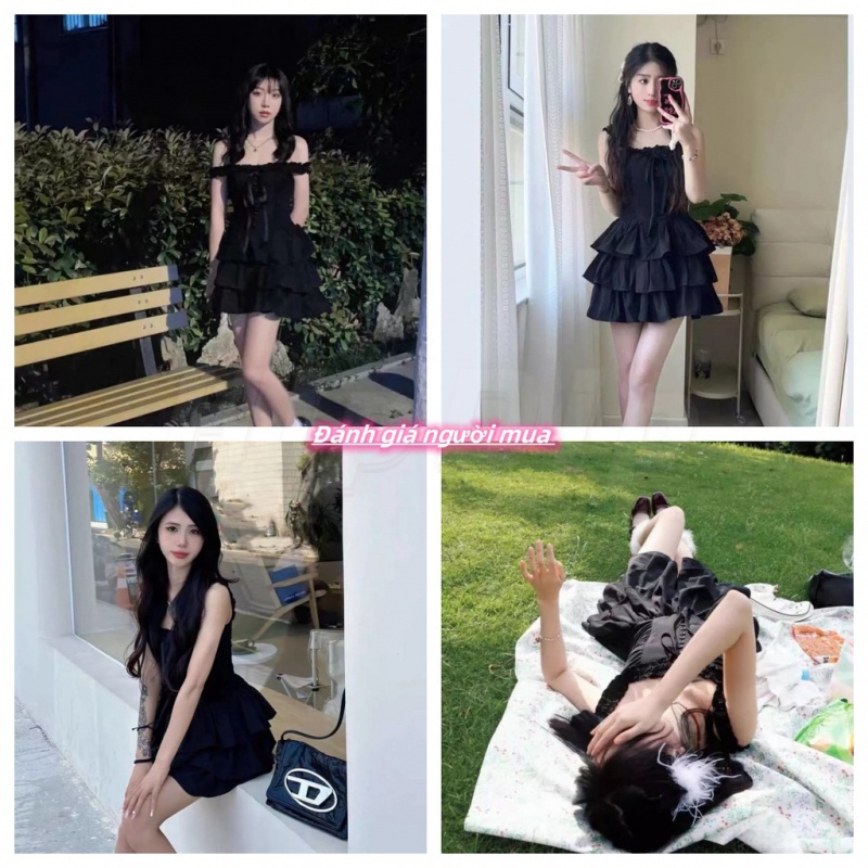 Váy BabyDoll Đầm dự tiệc Charm Đầm Hai Dây Một Tầng Hở Vai Màu Trơn Phong Cách Nhẹ Nhàng retro Mùa Hè