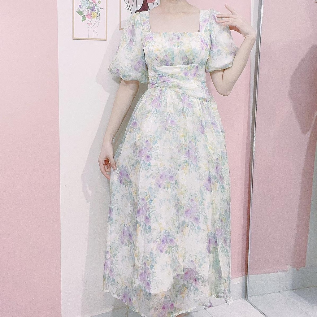 Đầm Maxi Cổ Vuông Tay Bí Nhún Eo Đính Nút Ngọc Chất Voan Hoa Nhẹ Nhàng