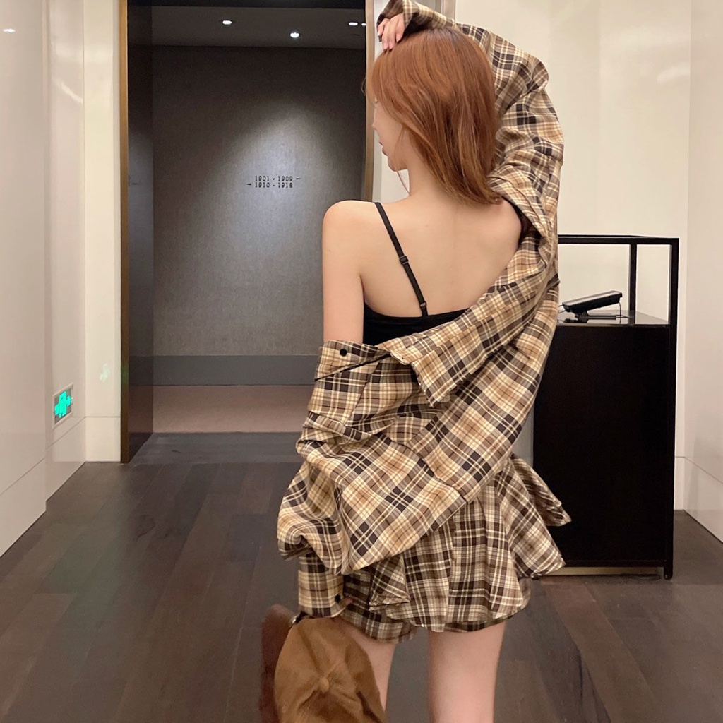 Set Áo Sơ Mi + Áo Khoác + Chân Váy + Áo Hai Dây Họa Tiết Kẻ Sọc Thời Trang Mùa Xuân Mới Cho Nữ