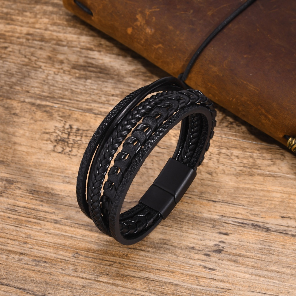 Vnox Vòng Tay Da Nhiều Lớp Màu Đen Thời Trang Cho Nam