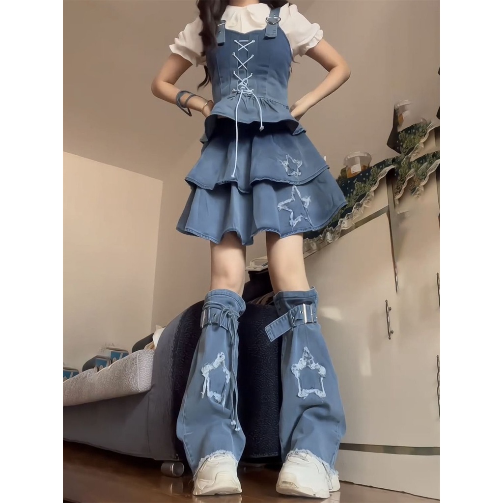Áo y2k Dopamine set Áo Sơ Mi Cổ Búp Bê + Chân Váy Yếm denim Lưng Cao Phong Cách Nhật Bản Cho Nữ