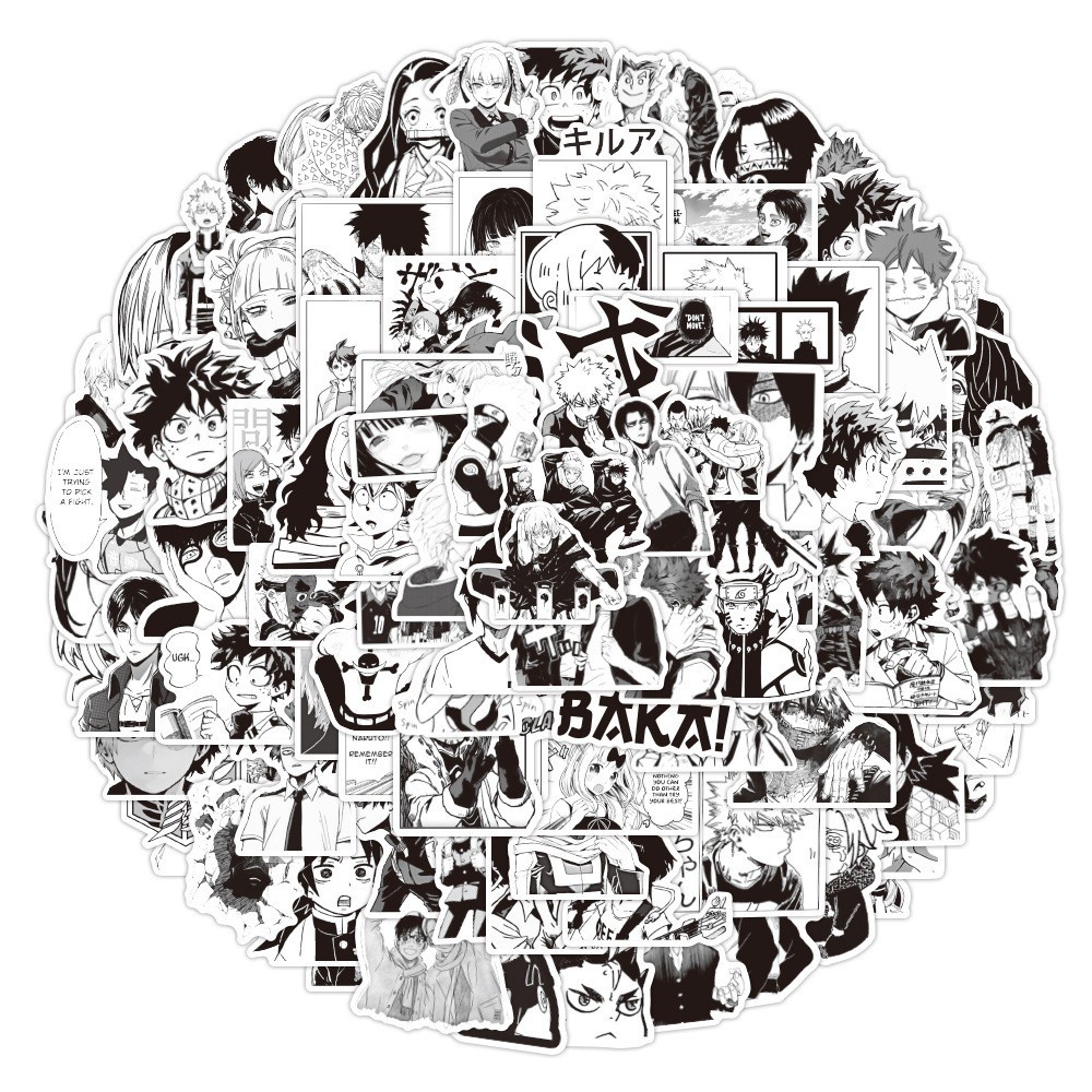 Set 10 Miếng Dán Trang Trí Ván Trượt / Xe Hơi - Họa Tiết Nhân Vật Anime Màu Trắng Đen 100 / 50 / 25 / 10 Sticker