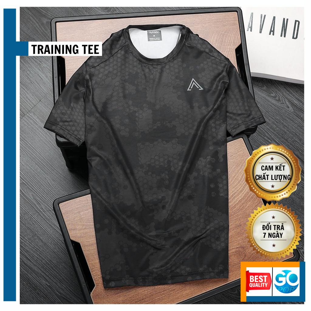 Áo thun thể thao nam AVANDO vải thun polyester hoa văn in chìm độc đáo, co giãn, thấm hút, hỗ trợ vận động