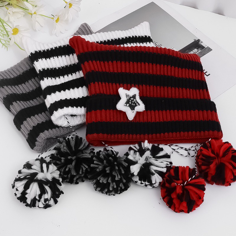 Y2k Mũ Len Dệt Kim Tai Mèo Họa Tiết Ngôi Sao Làm Thủ Công Mềm Mại Ấm Áp Mùa Đông Cho Thanh Thiếu Niên