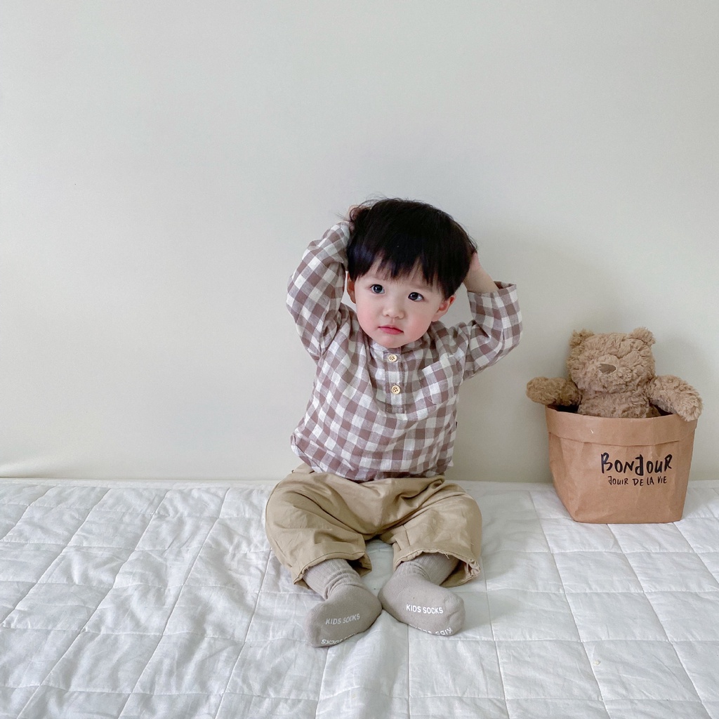 Áo Sơ Mi Tay Dài Dáng Rộng Sọc Ca Rô Thời Trang Cá Tính Cho Bé Trai