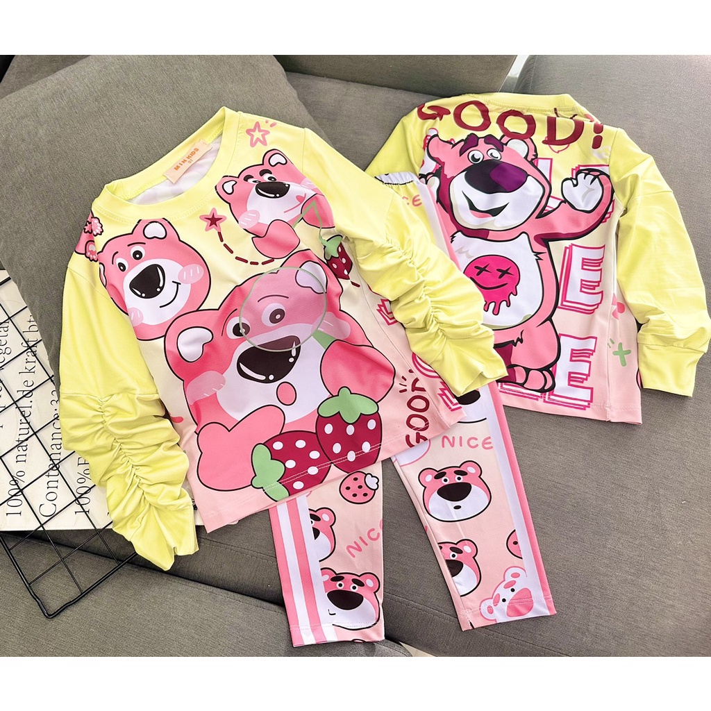 12kg-40kg Đồ bộ dài tay cho bé gái gấu dâu size đại thun lạnh chính phẩm in 3D - bộ thu đông bé gái