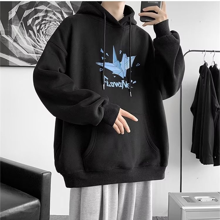 Áo hoodie Tay Dài Dáng Rộng In Họa Tiết Chim Hạc Giấy Thời Trang Hàn Quốc Cho Nam