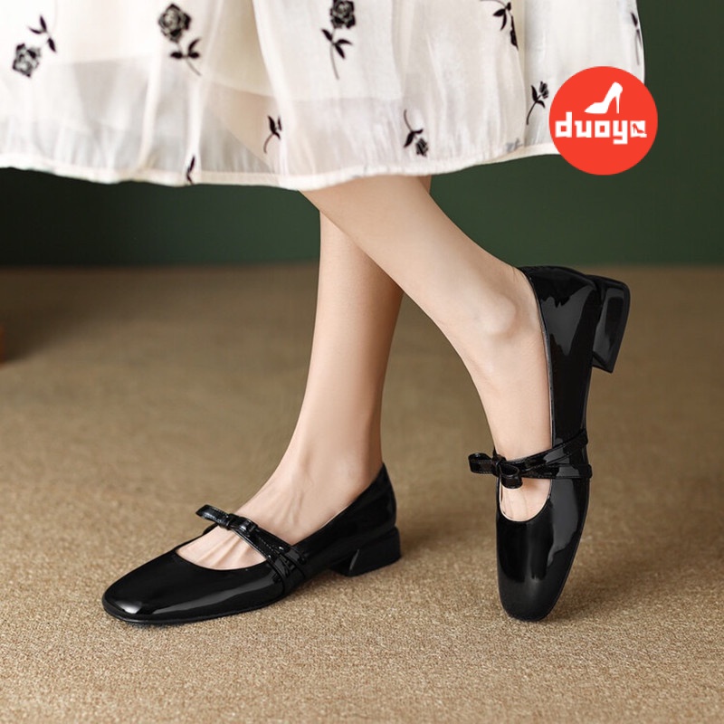 Duooya hair Thẳng ~  Giày mary jane Gót Dày Thấp Bằng Da Bóng Đính Nơ Mùa Xuân Thu Cho Nữ Miễn Phí Vận Chuyển