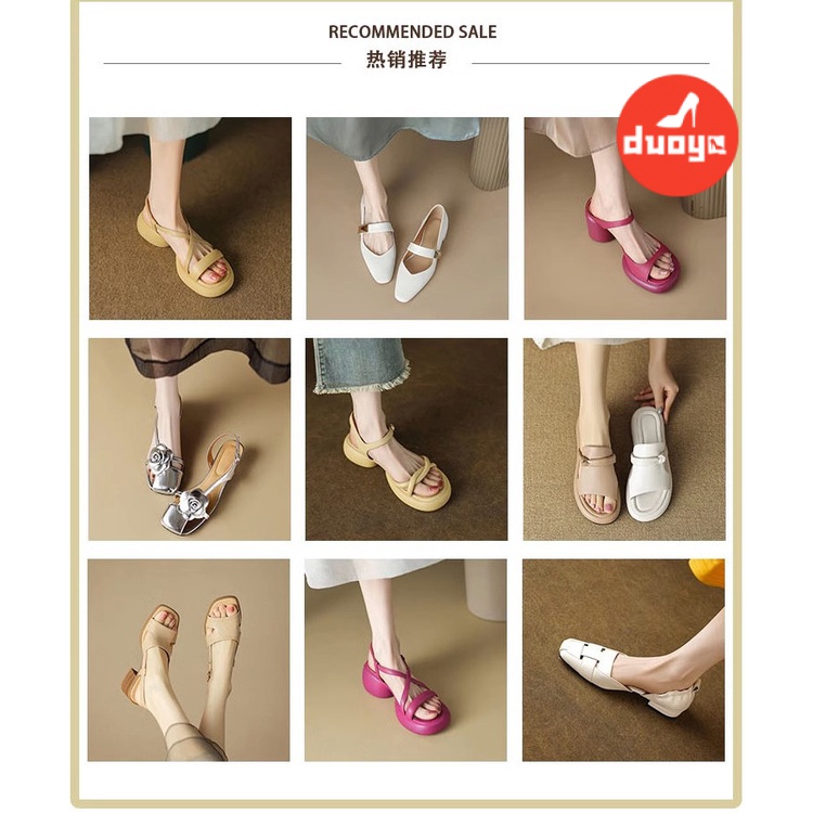 Duoya Tóc Thẳng ~  Giày Sandal Da Mềm Mũi Tròn Đính Hoa Thời Trang Mùa Hè Dày Thoải Mái Cho Nữ Miễn Phí Vận Chuyển