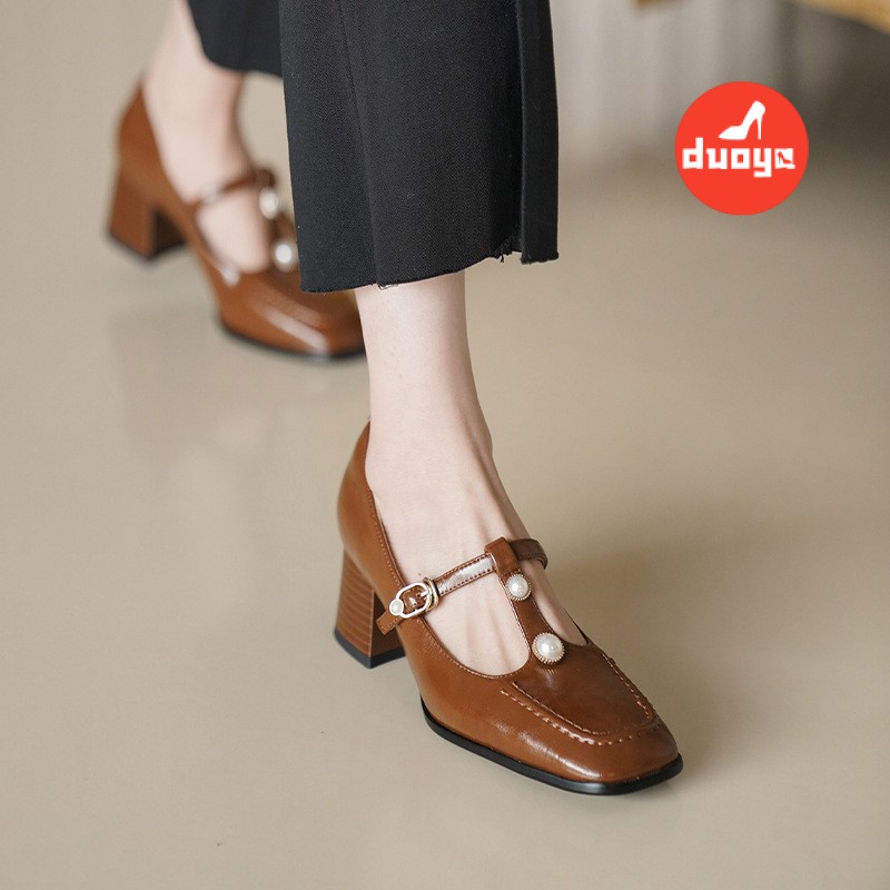 Nhà máy duoya tóc thẳng ~  gió buổi tối nhẹ nhàng giày đơn miệng nông mũi vuông gót dày giày nữ phong cách hepburn mary jane giày da nhỏ miễn phí vận chuyển