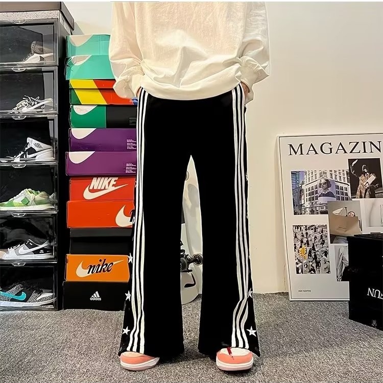 Quần Thể Thao Ống Rộng Kẻ Sọc Thêu Hình Ngôi Sao Phong Cách Đường Phố Mỹ Cho Nam Đen
