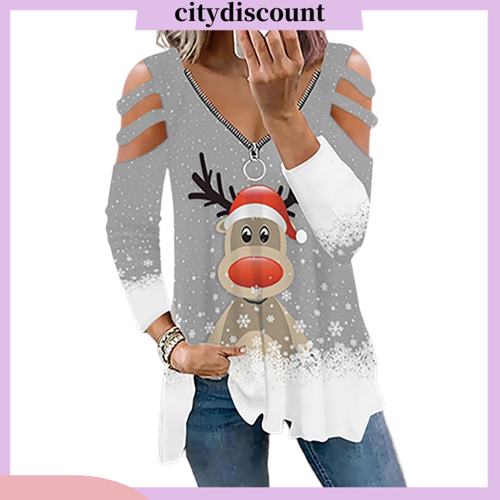 < Citydiscount > Áo Thun Dáng Rộng Tay Dài Khoét Vai Cổ Chữ v In Họa Tiết Hoa Tuyết Giáng Sinh Có Khóa Kéo Cho Nữ
