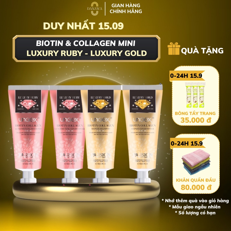 Dầu Gội Xả Biotin & Collagen Luxury Hương Nước Hoa Màu Hồng - Vàng Phục Hồi Hư Tổn 60ml