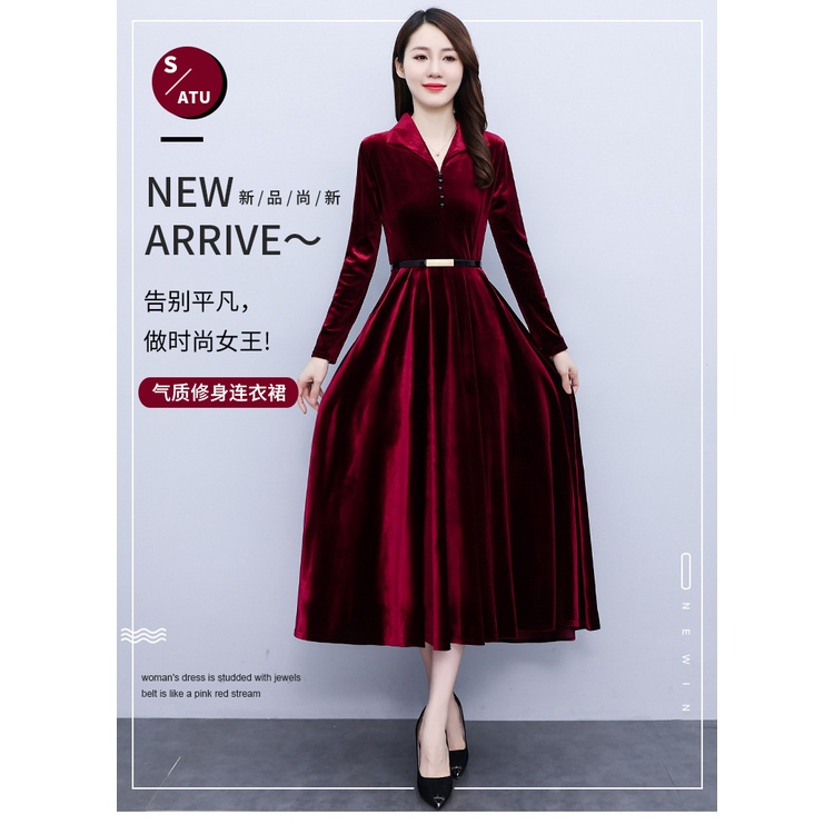 Đầm Tay Dài Có Túi Chất Liệu Nhung Màu Vàng Thời Trang Mùa Thu Cho Nữ