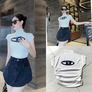 Áo cổ lọ nhúm eo body tay hến, áo nữ tôn eo thun borip màu đen trắng co giãn alohastore1
