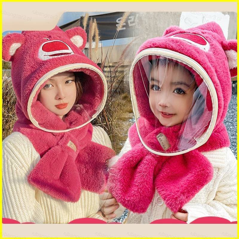 Ins lotso Mũ Trùm Đầu Tích Hợp Khăn Choàng Cổ Phủ Lông Chống Gió Giữ Ấm In Họa Tiết Gấu Dâu Tây Dễ Thương Thời Trang Đi Xe Đạp Cho