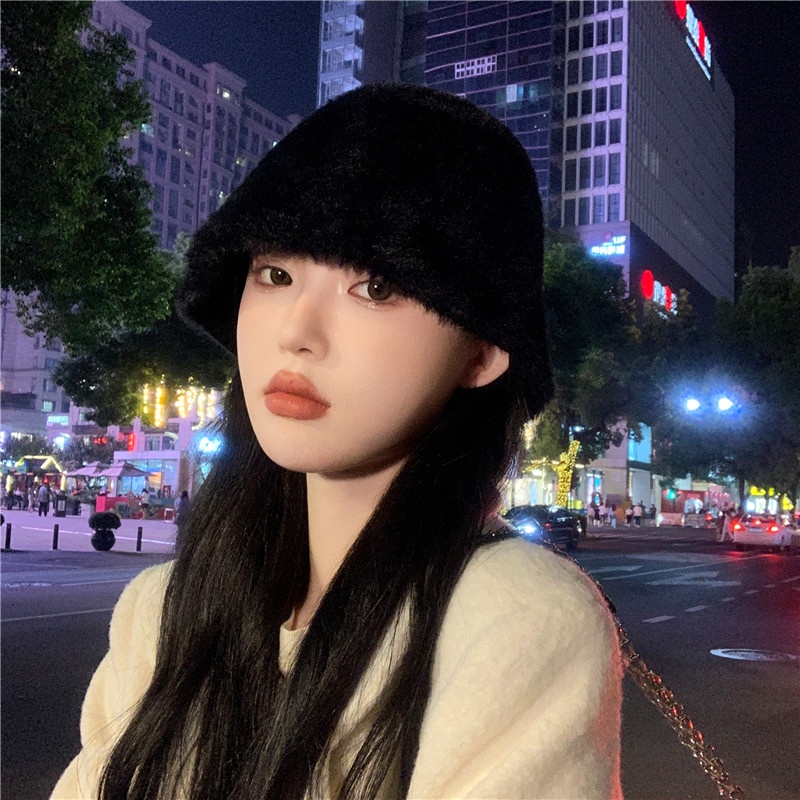 Nón Tai Bèo Phủ Lông Giữ Ấm Màu Trơn Phong Cách Nhật Bản Thời Trang Thu Đông Dành Cho Nữ Đen