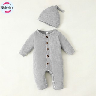 Set Đồ Ngủ 2 Món Gồm Áo Liền Quần Tay Dài Cổ Tròn + Mũ Vải cotton Màu Trơn Thời Trang Cho Bé Trai 0-6 Tháng Tuổi