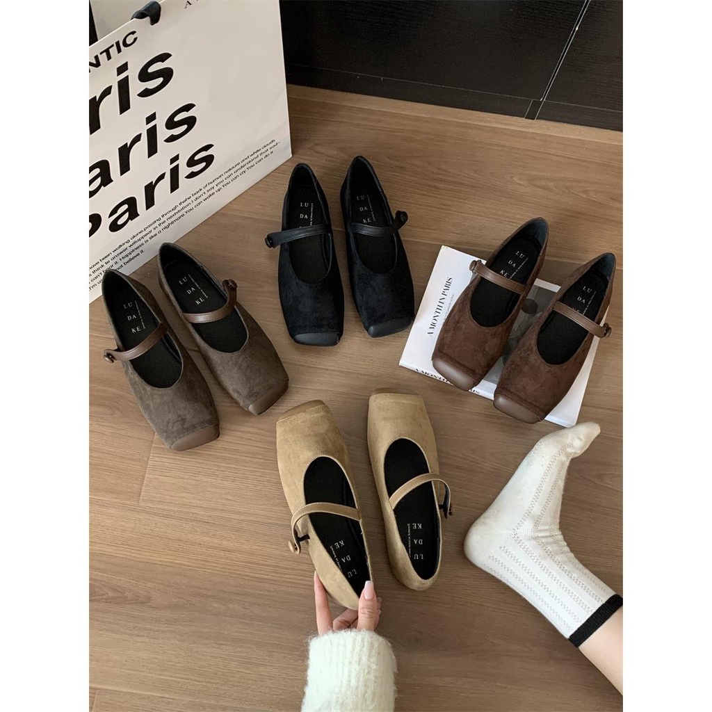 Giày Búp Bê mary jane Da Lộn Mũi Vuông Thời Trang Thu Đông 2023 Phong Cách Pháp Cho Nữ