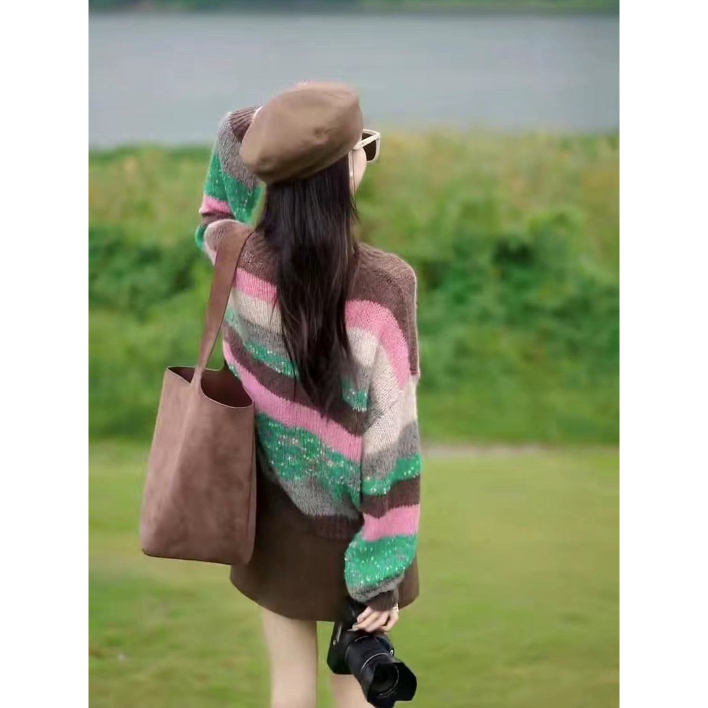 Áo sweater Dáng Rộng Màu Tương Phản Thời Trang Thu Đông 2023 Cho Nữ