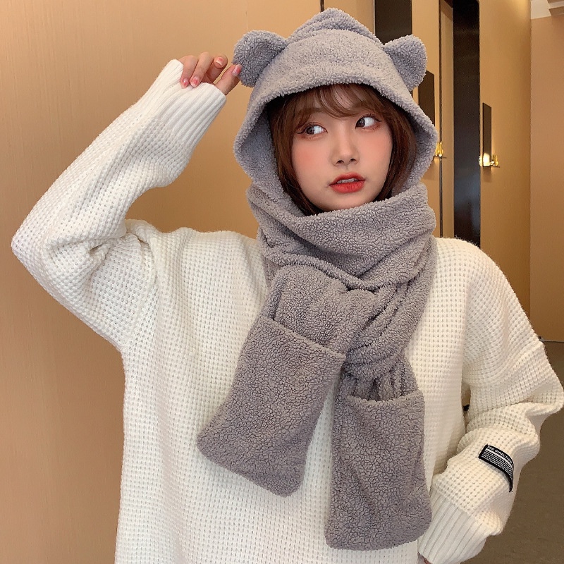 Dễ Thương Mũ Beanie Kèm Khăn Choàng Cổ Hình Gấu Đáng Yêu Cho Nữ