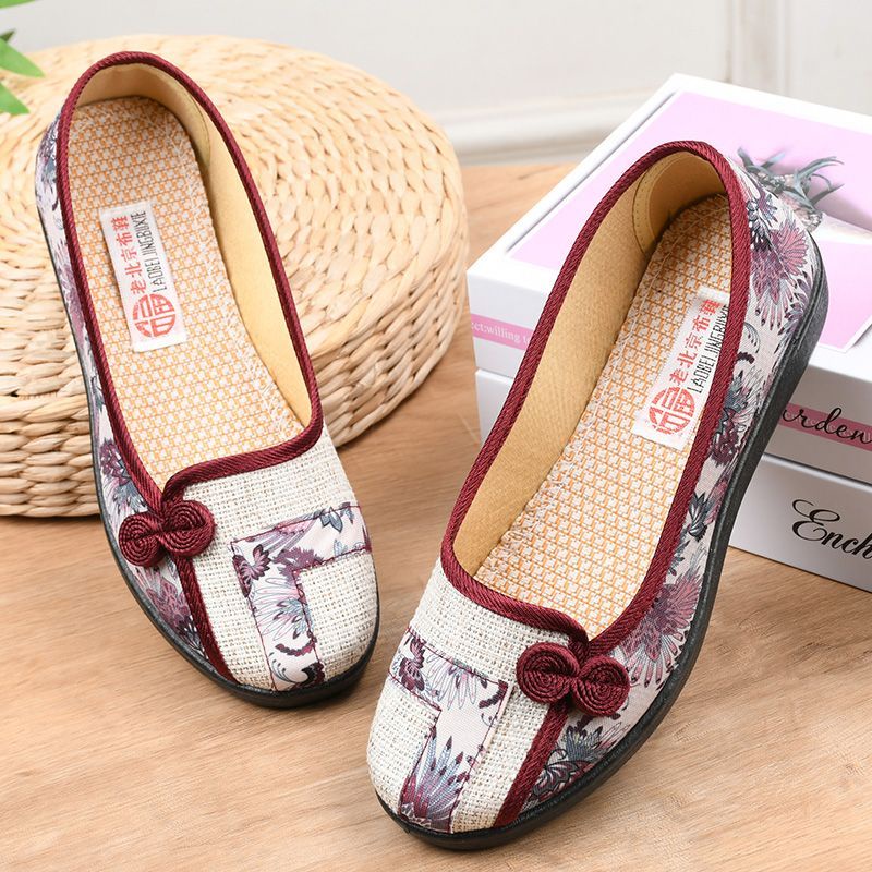 Women's canvas shoes ethnic style old Beijing cloth shoes linen flat wear-resistant shallow mouth one pedal mother's shoes soft bottom surface QMZS