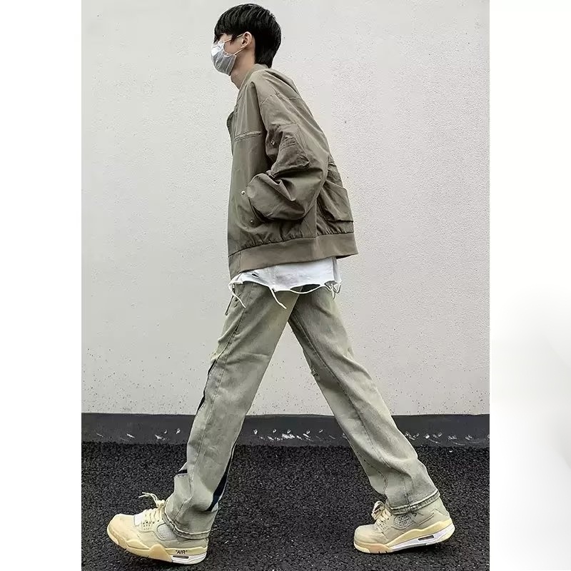 Quần Jean Dài Dáng Rộng Rách Gối Màu Vàng Thời Trang Thu Đông Phong Cách hip hop Hàn Quốc Cho Cặp Đôi