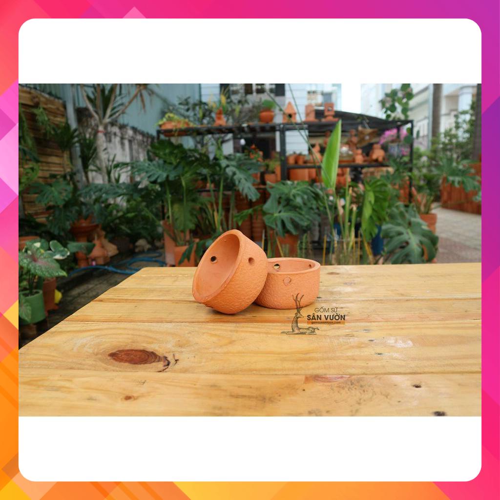 Chậu TREO trồng cây gốm đất nung (terracotta) DÁNG NỒI, HOA VĂN HOA HỒNG W12xH6 - gốm sứ sân vườn Bình Dương