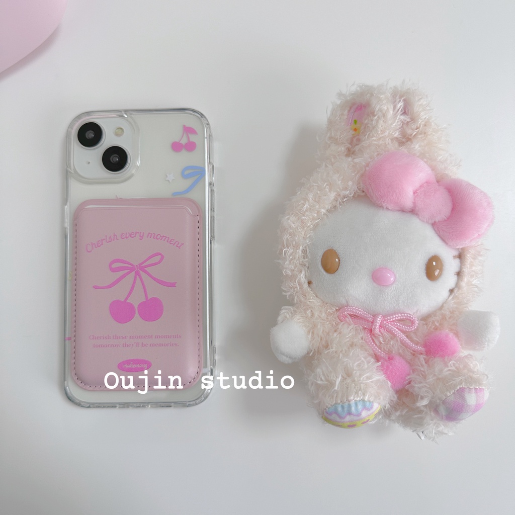 Bao Da Điện Thoại Có Ngăn Đựng Thẻ Từ Tính Hình Quả cherry Dễ Thương Cho 15pro / 14promax / 13 / 12 / 11 Ốp