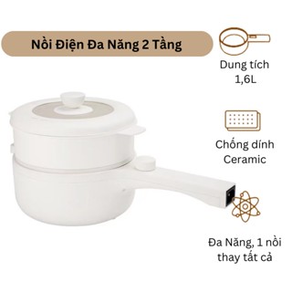 Nồi Điện Đa Năng 2L Chống Dính Hai Tầng Kèm Khay Hấp Chỉnh Nhiệt Độ To Nhỏ Dễ Dàng, Tay Cầm Dài Chống Nóng