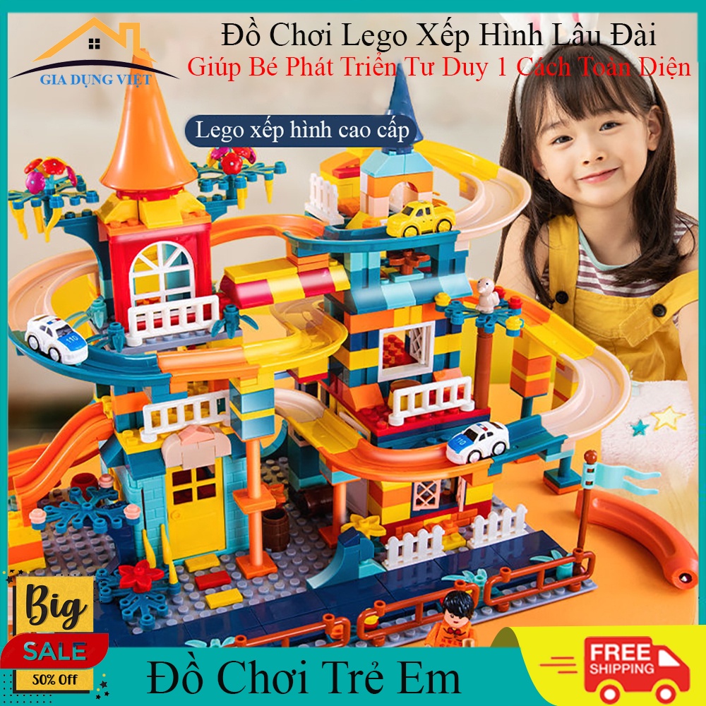 Đồ chơi trẻ em xếp hình lâu đài có đường ray cầu trượt gồm 512 chi tiết, đồ chơi trí tuệ nhựa ABS