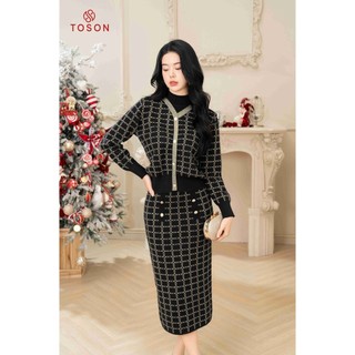 Bộ len Đen kẻ ô dệt kim tuyến áo cổ tim chân váy BL002B33 Toson