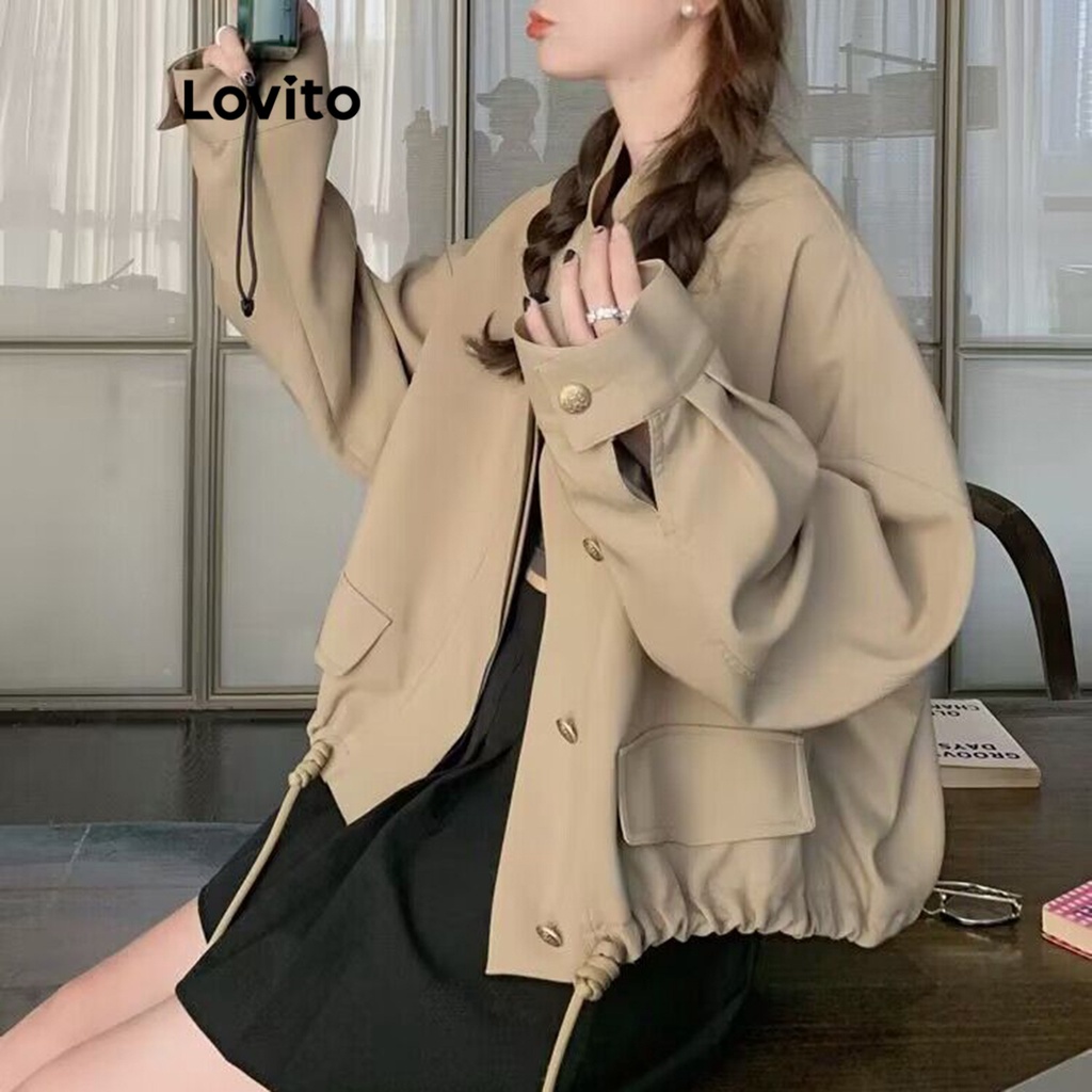 Lovito Áo khoác có túi dây rút trơn thông thường cho nữ LNE29411